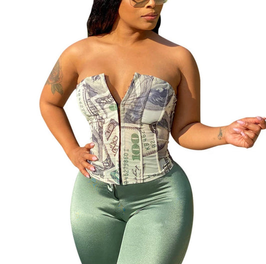 Dollar Money Printed Green Corset