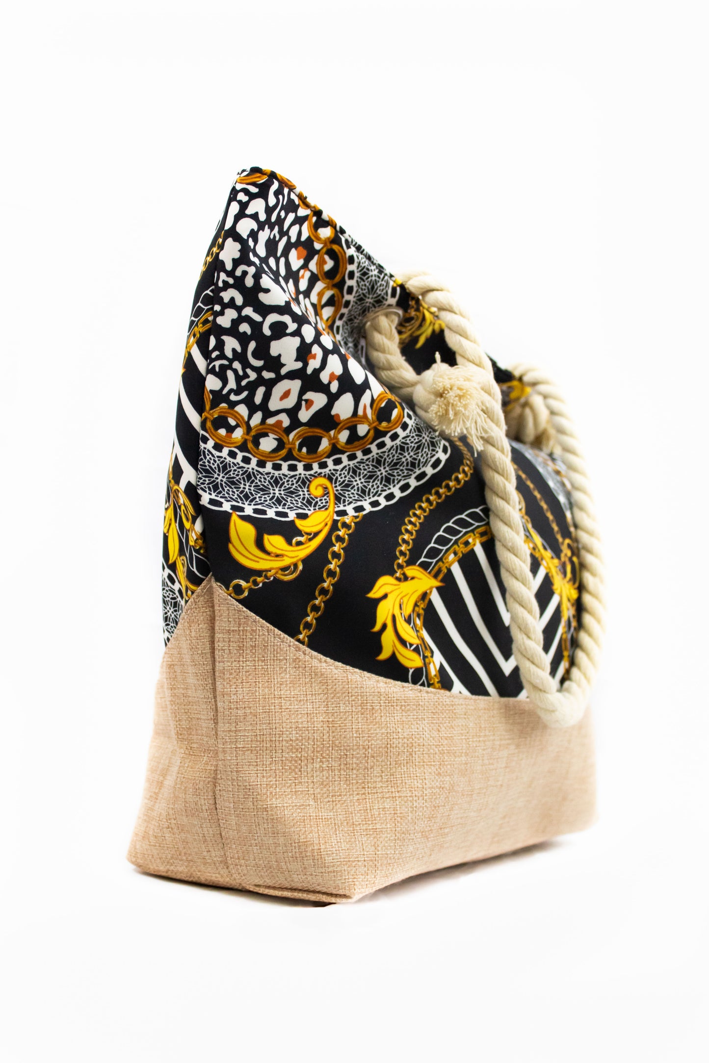 Beach Tote Bag w/Chain Print Black
