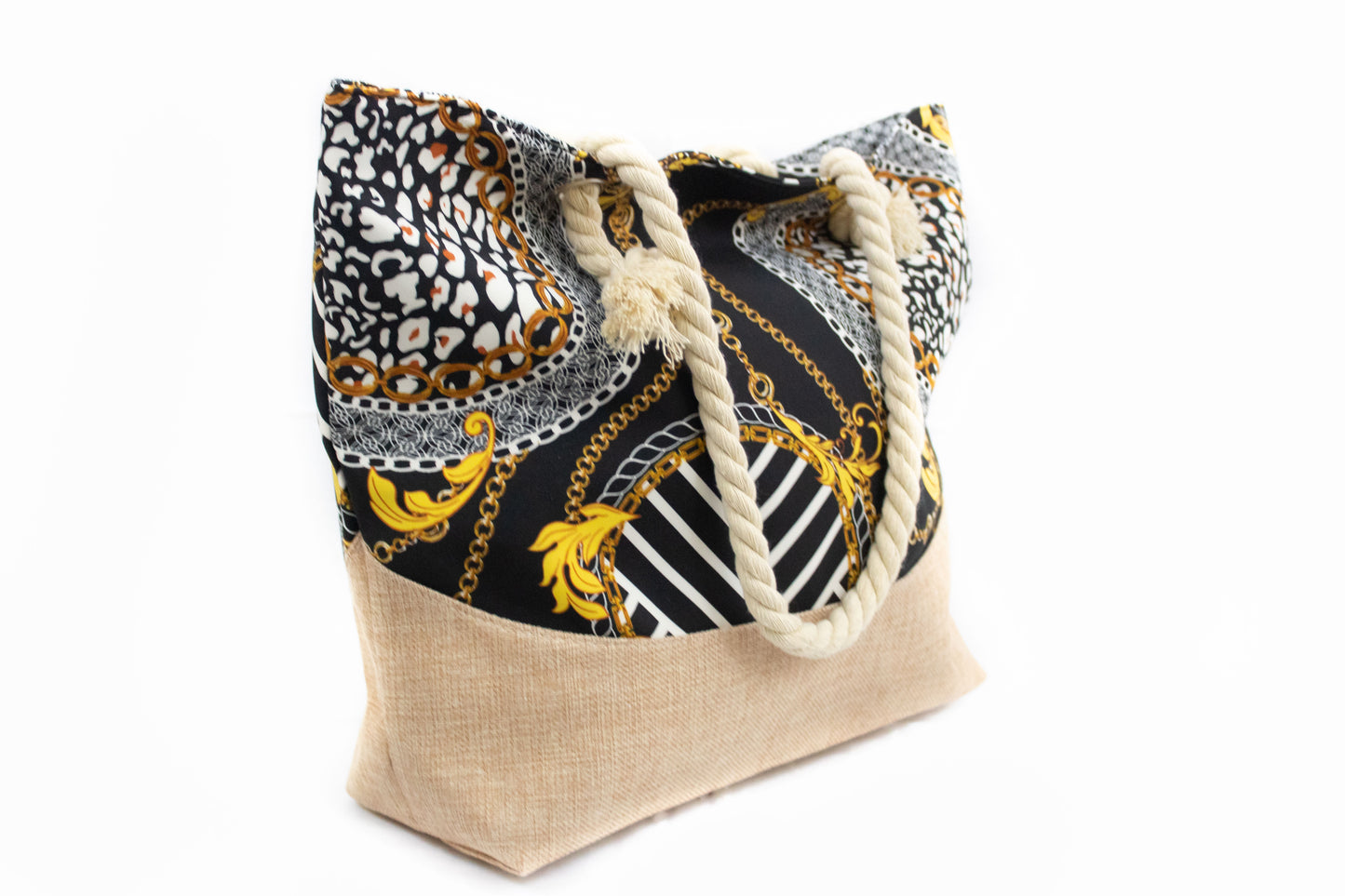 Beach Tote Bag w/Chain Print Black