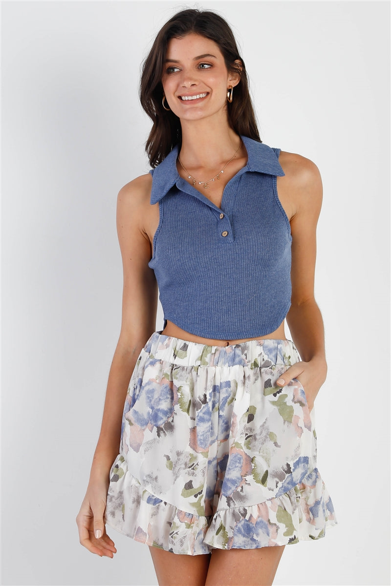 Blue Rib Knit Collar Tank Top