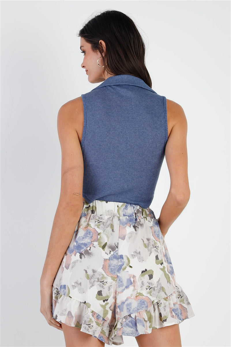 Blue Rib Knit Collar Tank Top