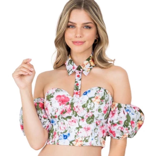 Floral Print Collared Neckline Crop Top
